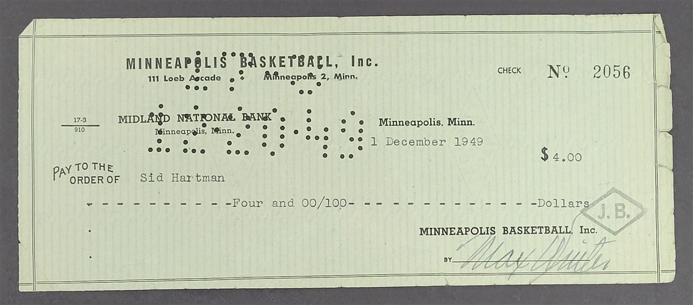 Max Winter & Sid Hartman Signed Minneapolis Lakers Check From 1949 Beckett