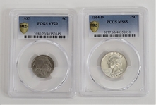 Lot of (2) 1937 Nickel & 1964-D Quarter Coins Graded