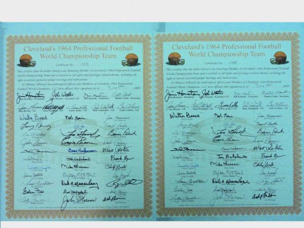 Cleveland Browns 1964  Lot of 2 World Championship Team Signed Certificates