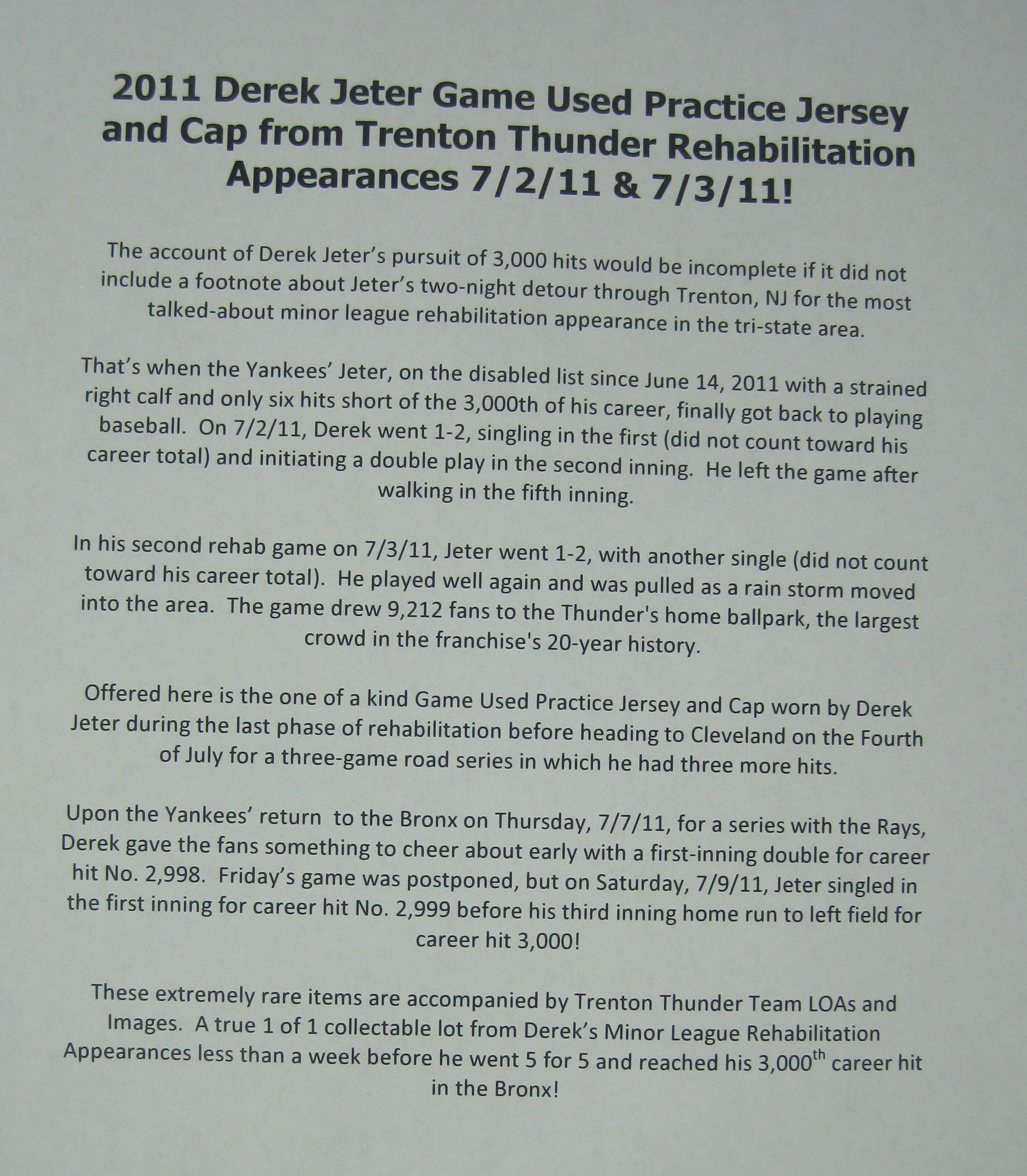 Lot Detail - Derek Jeter July 2nd & 3rd 2011 Worn Trenton Thunder Batting  Practice Jersey & Hat w/Team LOA