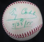 Stunning Ty Cobb Single Signed Baseball Dated 7/23/55 in Green Ink