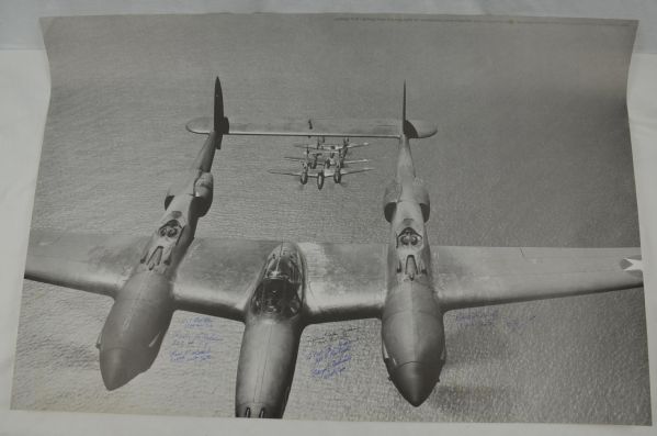 WWII P-38 Black & White 24x36 Photo w/8 Signatures 