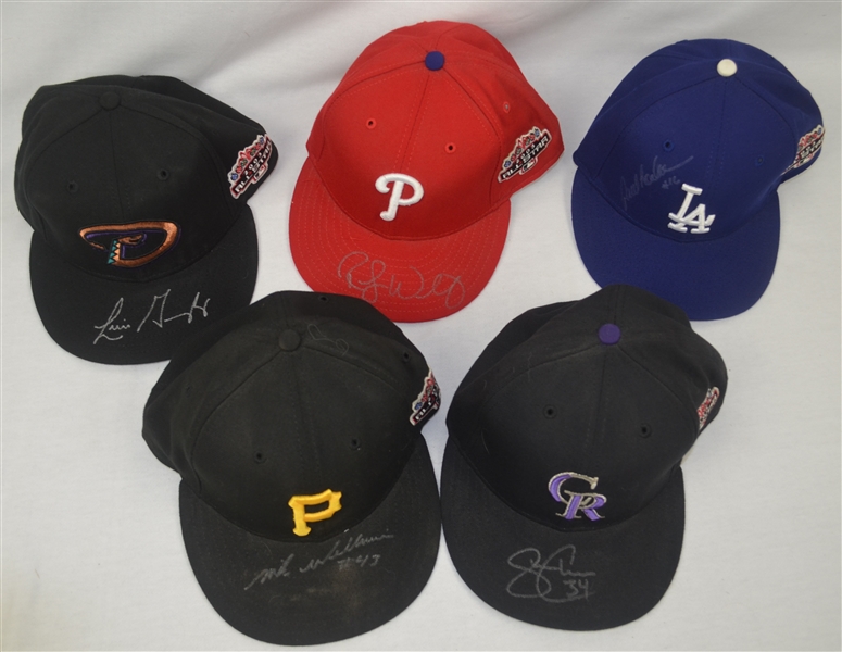 Collection of 5 MLB 2003 All Star Game Issued Autographed Hats