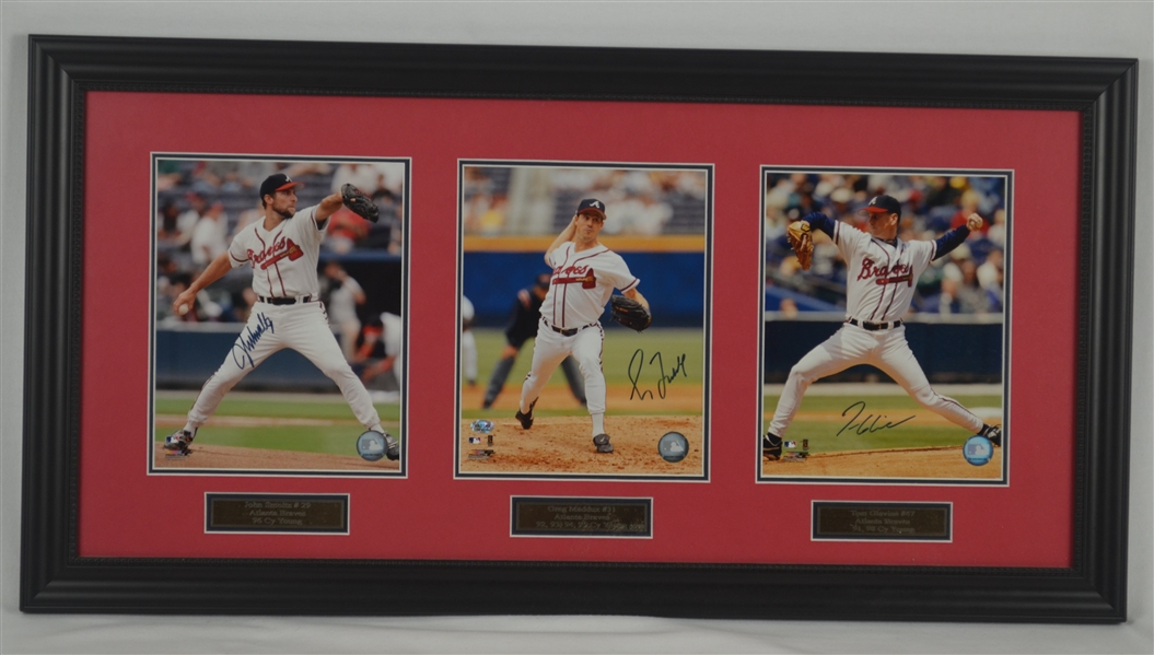 Greg Maddux Tom Glavine & John Smoltz Autographed Cy Young Display