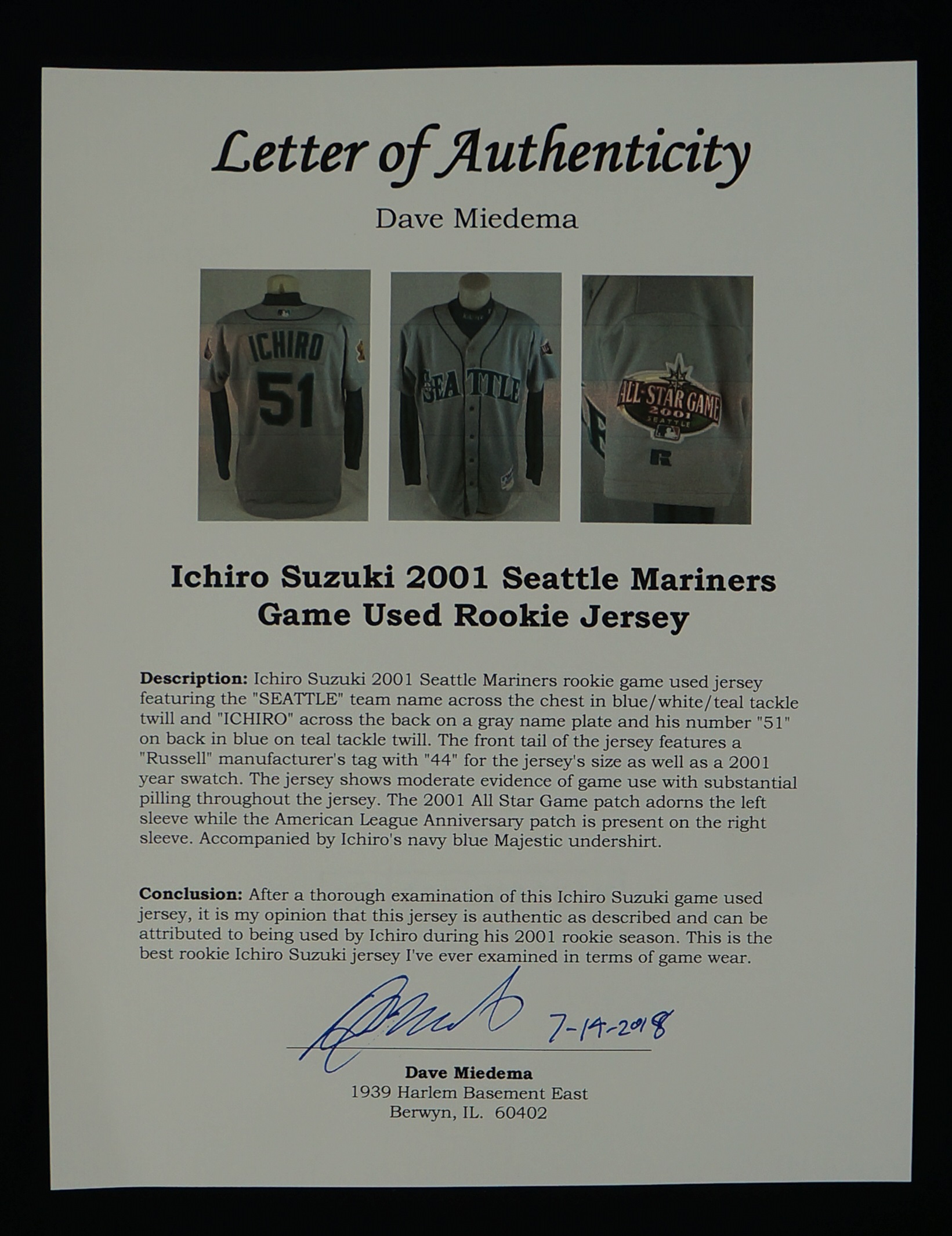Ichiro Suzuki Rookie Season Game Used 2001 Seattle Mariners Jersey