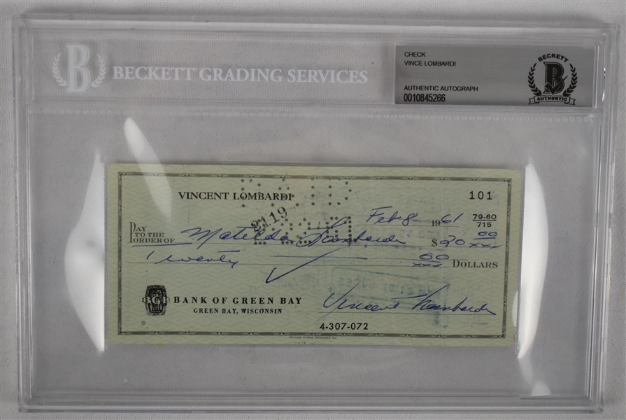 Vince Lombardi Signed 1961 Personal Check #101 BGS Authentic From 1st NFL Championship Season *Twice Signed Lombardi*