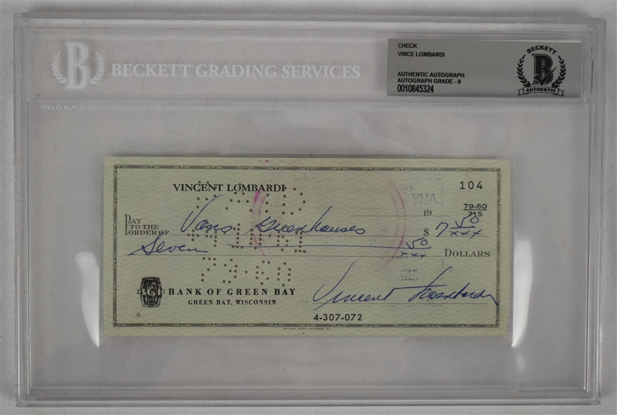Vince Lombardi Signed 1961 Personal Check #104 BGS Authentic From 1st NFL Championship Season