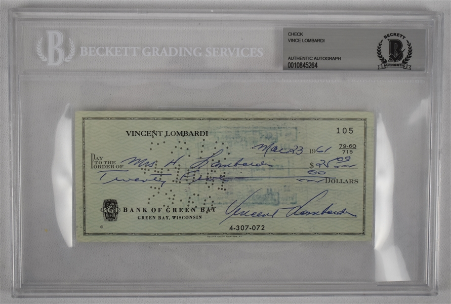 Vince Lombardi Signed 1961 Personal Check #105 BGS Authentic From 1st NFL Championship Season *Twice Signed Lombardi*