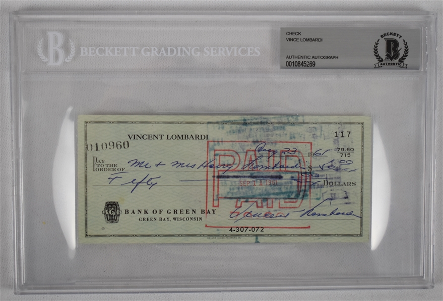 Vince Lombardi Signed 1961 Personal Check #117 BGS Authentic From 1st NFL Championship Season *Twice Signed Lombardi*