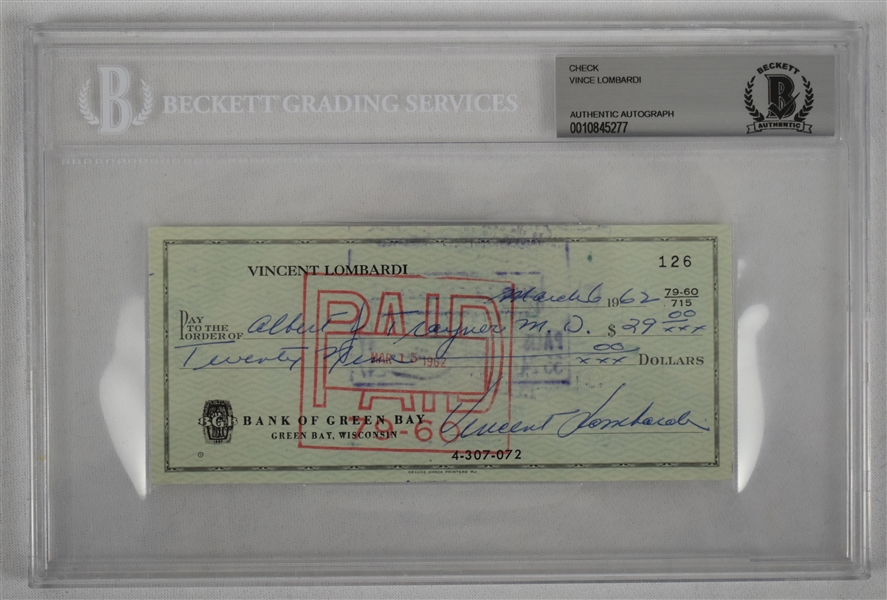 Vince Lombardi Signed 1962 Personal Check #126 BGS Authentic From 2nd NFL Championship Season