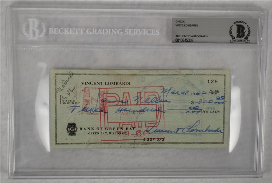 Vince Lombardi Signed 1962 Personal Check #129 BGS Authentic From 2nd NFL Championship Season