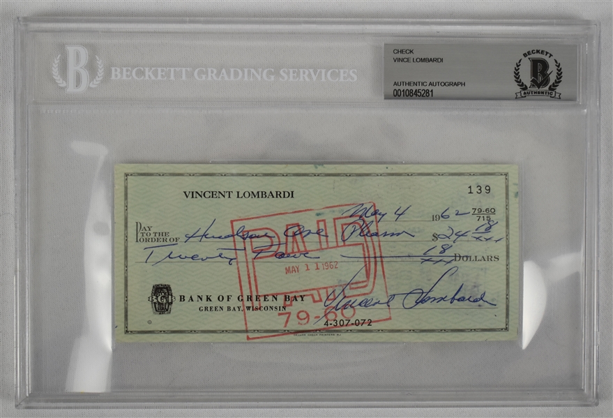 Vince Lombardi Signed 1962 Personal Check #139 BGS Authentic From 2nd NFL Championship Season