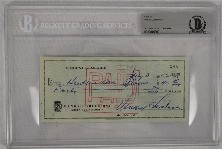 Vince Lombardi Signed 1962 Personal Check #146 BGS Authentic From 2nd NFL Championship Season