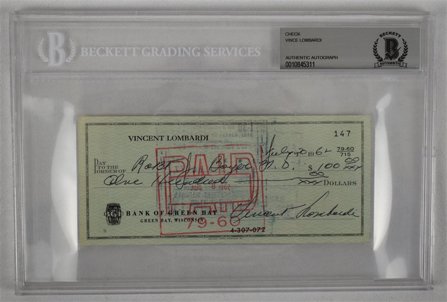 Vince Lombardi Signed 1962 Personal Check #147 BGS Authentic From 2nd NFL Championship Season