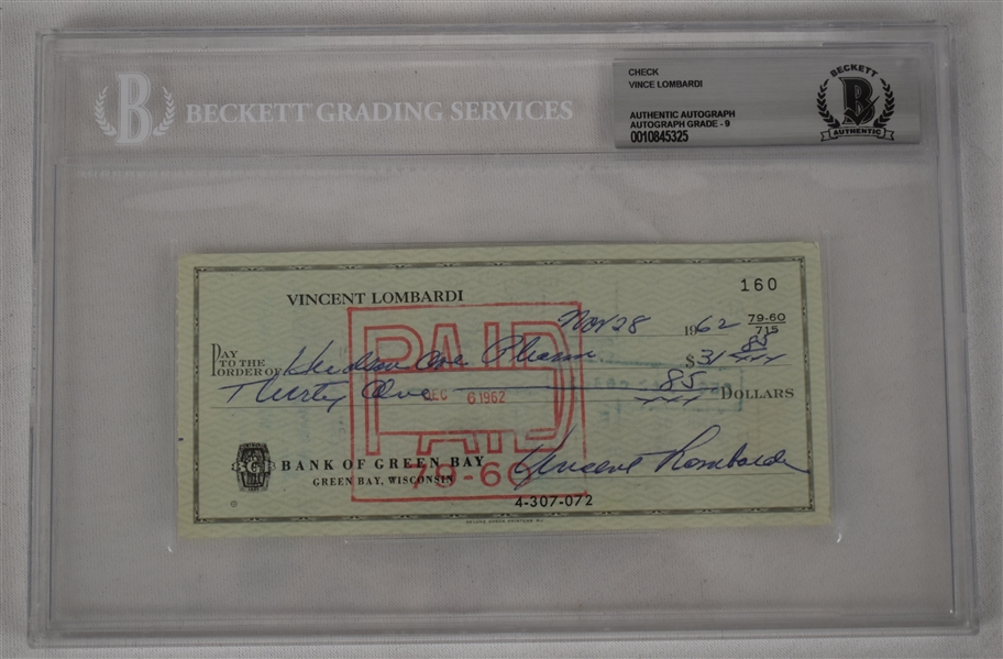 Vince Lombardi Signed 1962 Personal Check #160 BGS Authentic From 2nd NFL Championship Season