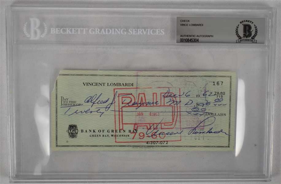 Vince Lombardi Signed 1962 Personal Check #167 BGS Authentic From 2nd NFL Championship Season