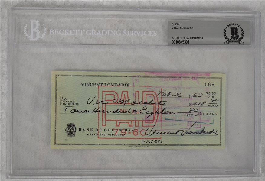 Vince Lombardi Signed 1963 Personal Check #169 BGS Authentic 