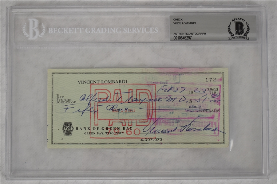 Vince Lombardi Signed 1963 Personal Check #172 BGS Authentic 