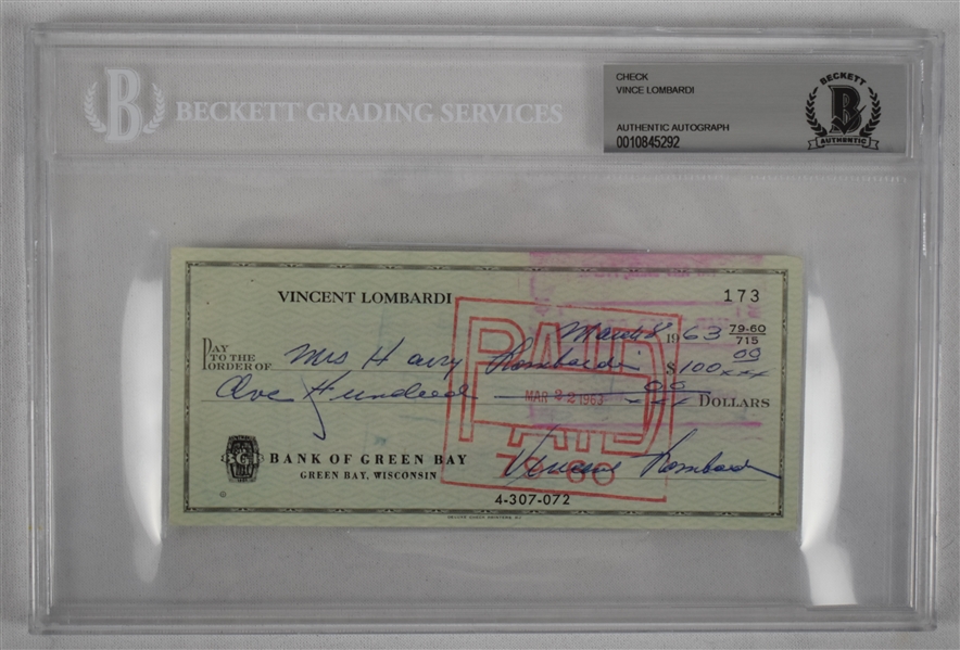 Vince Lombardi Signed 1963 Personal Check #173 BGS Authentic *Twice Signed Lombardi*