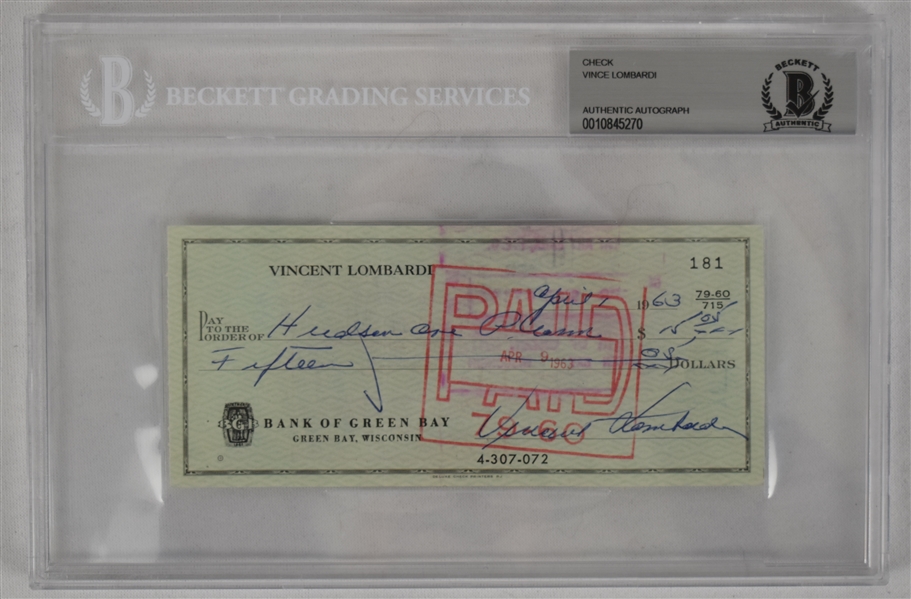 Vince Lombardi Signed 1963 Personal Check #181 BGS Authentic 