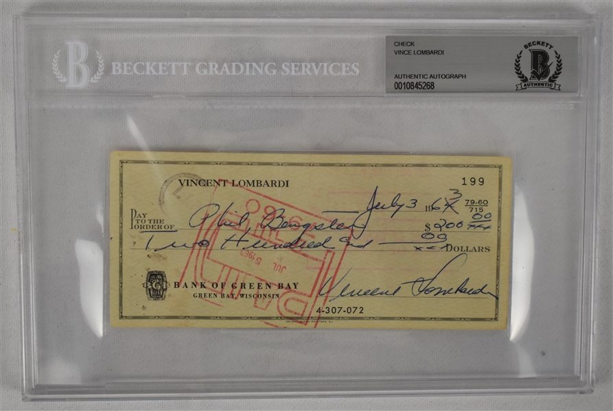 Vince Lombardi Signed 1963 Personal Check #199 BGS Authentic Made Out to Phil Bengston (Successor to Lombardi in 1968)