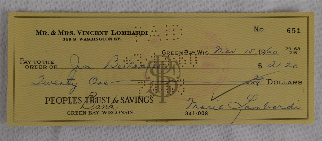 Mrs. Vince Lombardi Signed Check #651 Dated March 15th 1960