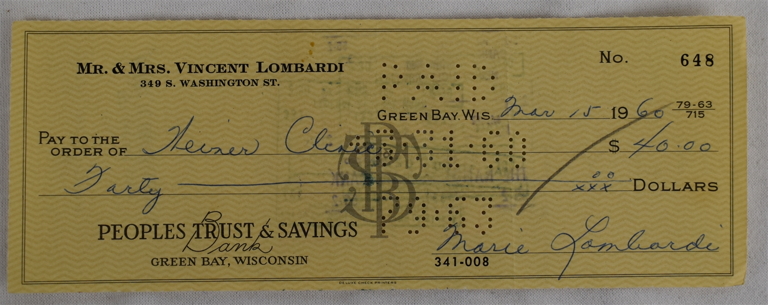 Mrs. Vince Lombardi Signed Check #648 Dated March 15th 1960