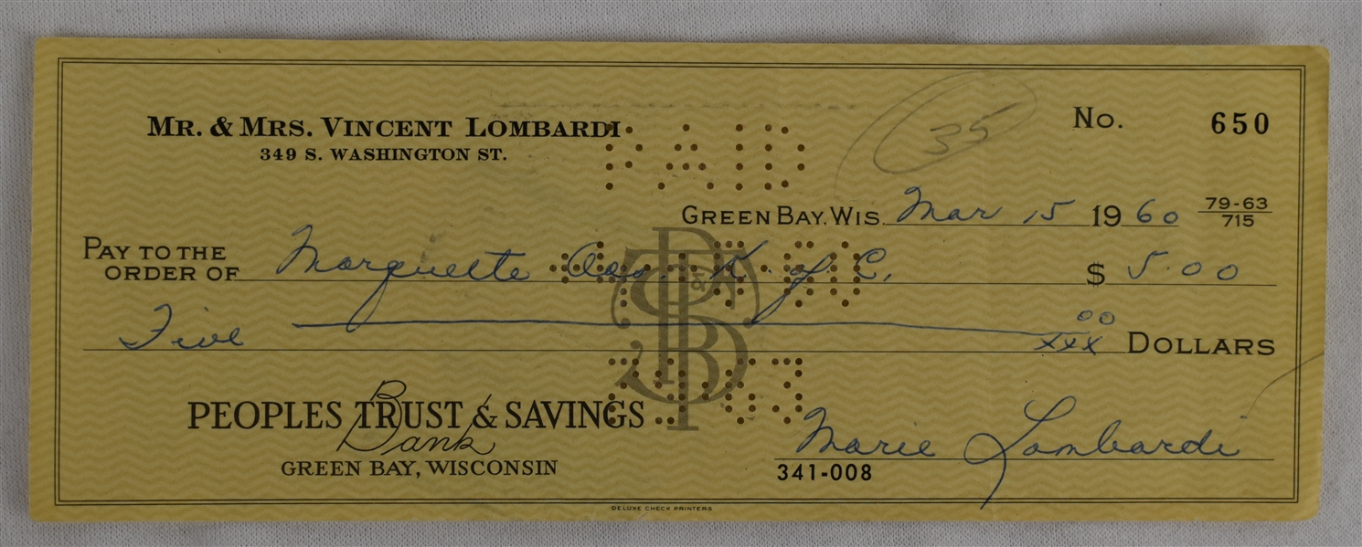 Mrs. Vince Lombardi Signed Check #650 Dated March 15th 1960
