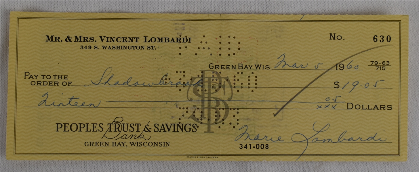 Mrs. Vince Lombardi Signed Check #630 Dated March 5th 1960