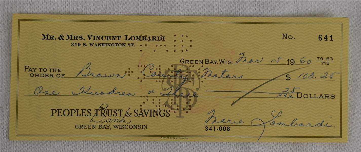 Mrs. Vince Lombardi Signed Check #641 Dated March 15th 1960