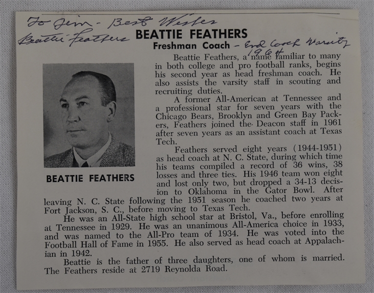 Beattie Feathers Autographed Article