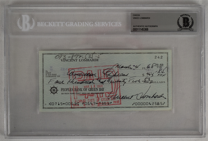 Vince Lombardi Signed 1968 Personal Check #242 BGS Authentic 