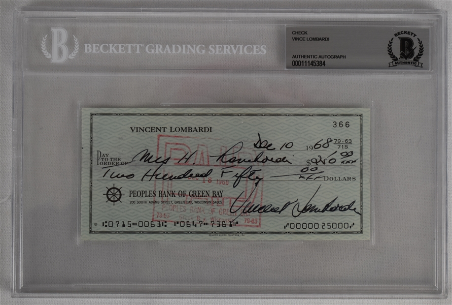 Vince Lombardi Signed 1968 Personal Check #366 BGS Authentic *Twice Signed Lombardi*