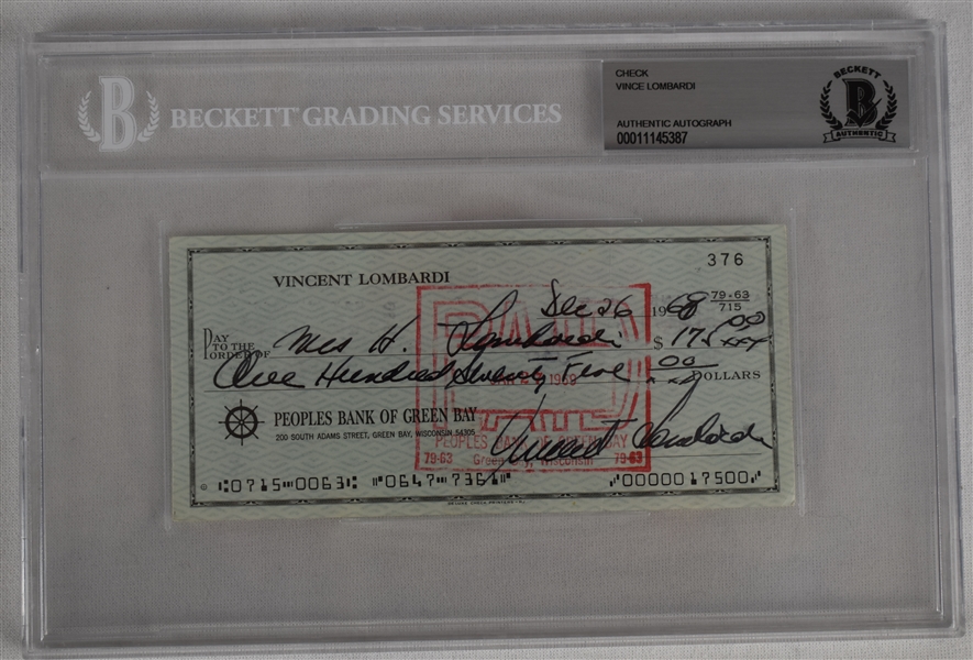 Vince Lombardi Signed 1968 Personal Check #376 BGS Authentic *Twice Signed Lombardi*
