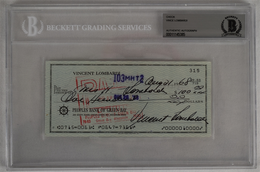 Vince Lombardi Signed 1968 Personal Check #315 BGS Authentic *Twice Signed Lombardi*