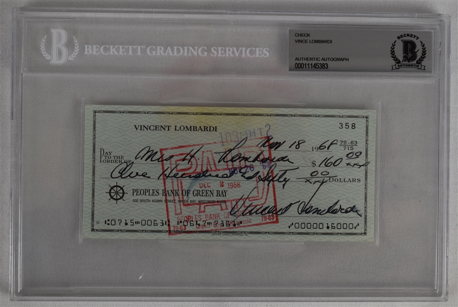 Vince Lombardi Signed 1968 Personal Check #358 BGS Authentic *Twice Signed Lombardi*