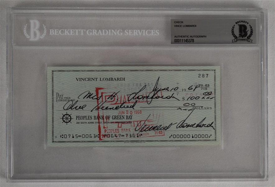 Vince Lombardi Signed 1968 Personal Check #287 BGS Authentic *Twice Signed Lombardi*