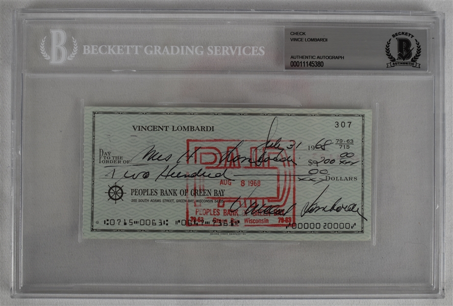 Vince Lombardi Signed 1968 Personal Check #307 BGS Authentic *Twice Signed Lombardi*