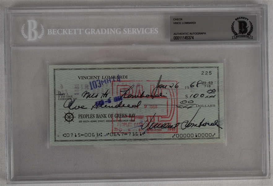 Vince Lombardi Signed 1968 Personal Check #225 BGS Authentic *Twice Signed Lombardi*