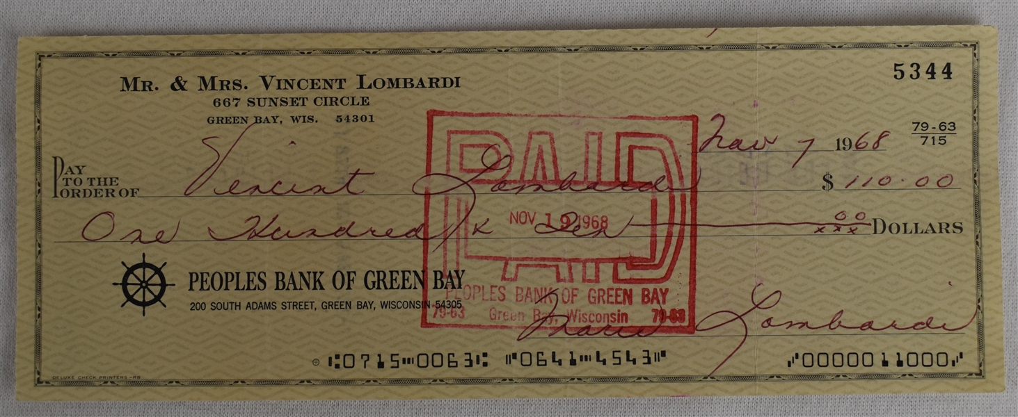 Vince Lombardi Jr. 1968 Endorsed Check  #5344 