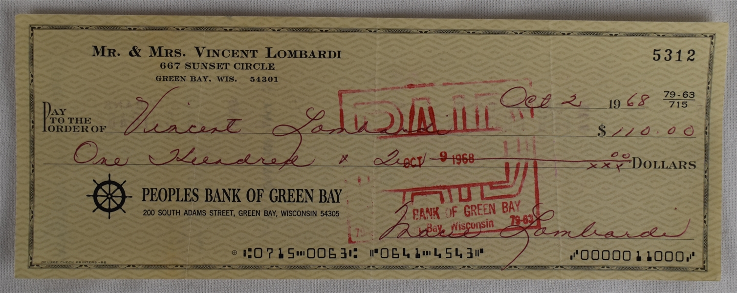 Vince Lombardi Jr. 1968 Endorsed Check  #5312 