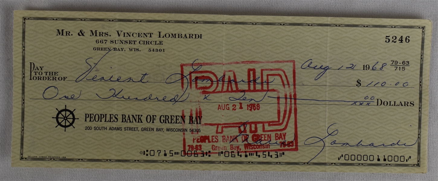 Vince Lombardi Jr. 1968 Endorsed Check  #5246 