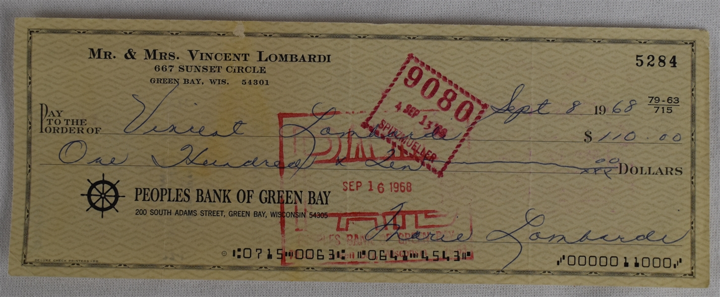 Vince Lombardi Jr. 1968 Endorsed Check  #5284 