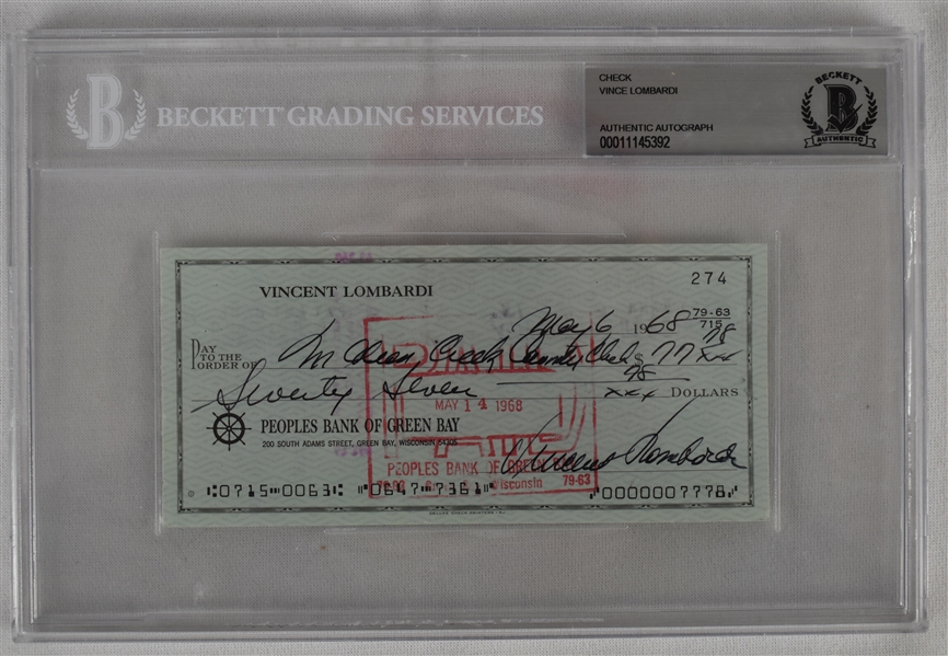 Vince Lombardi Signed 1968 Personal Check #274 BGS Authentic 