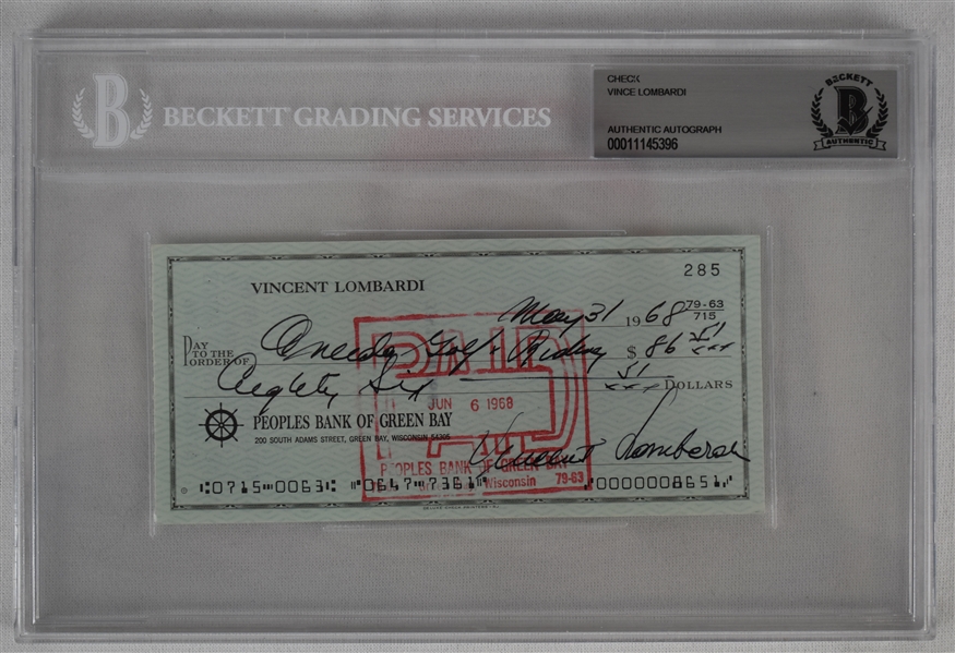 Vince Lombardi Signed 1968 Personal Check #285 BGS Authentic 