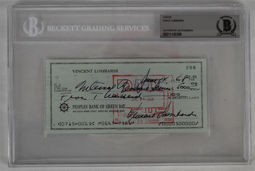 Vince Lombardi Signed 1968 Personal Check #288 BGS Authentic 