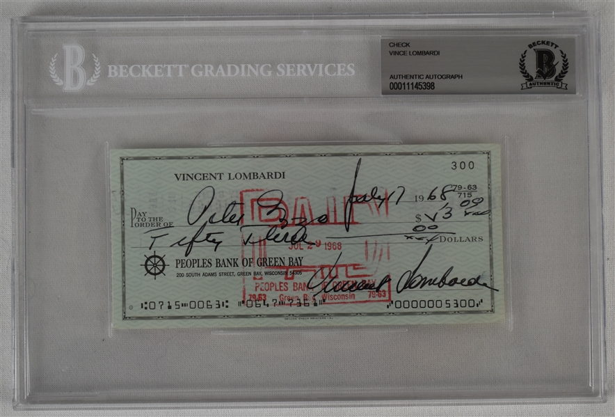 Vince Lombardi Signed 1968 Personal Check #300 BGS Authentic 