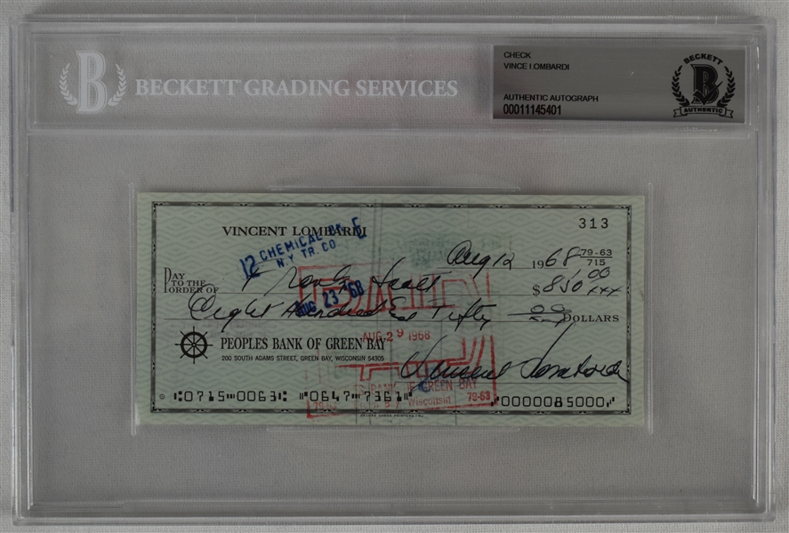 Vince Lombardi Signed 1968 Personal Check #313 BGS Authentic 