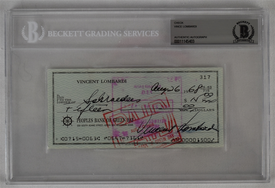Vince Lombardi Signed 1968 Personal Check #317 BGS Authentic 