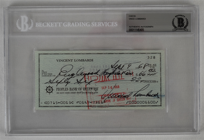 Vince Lombardi Signed 1968 Personal Check #328 BGS Authentic 
